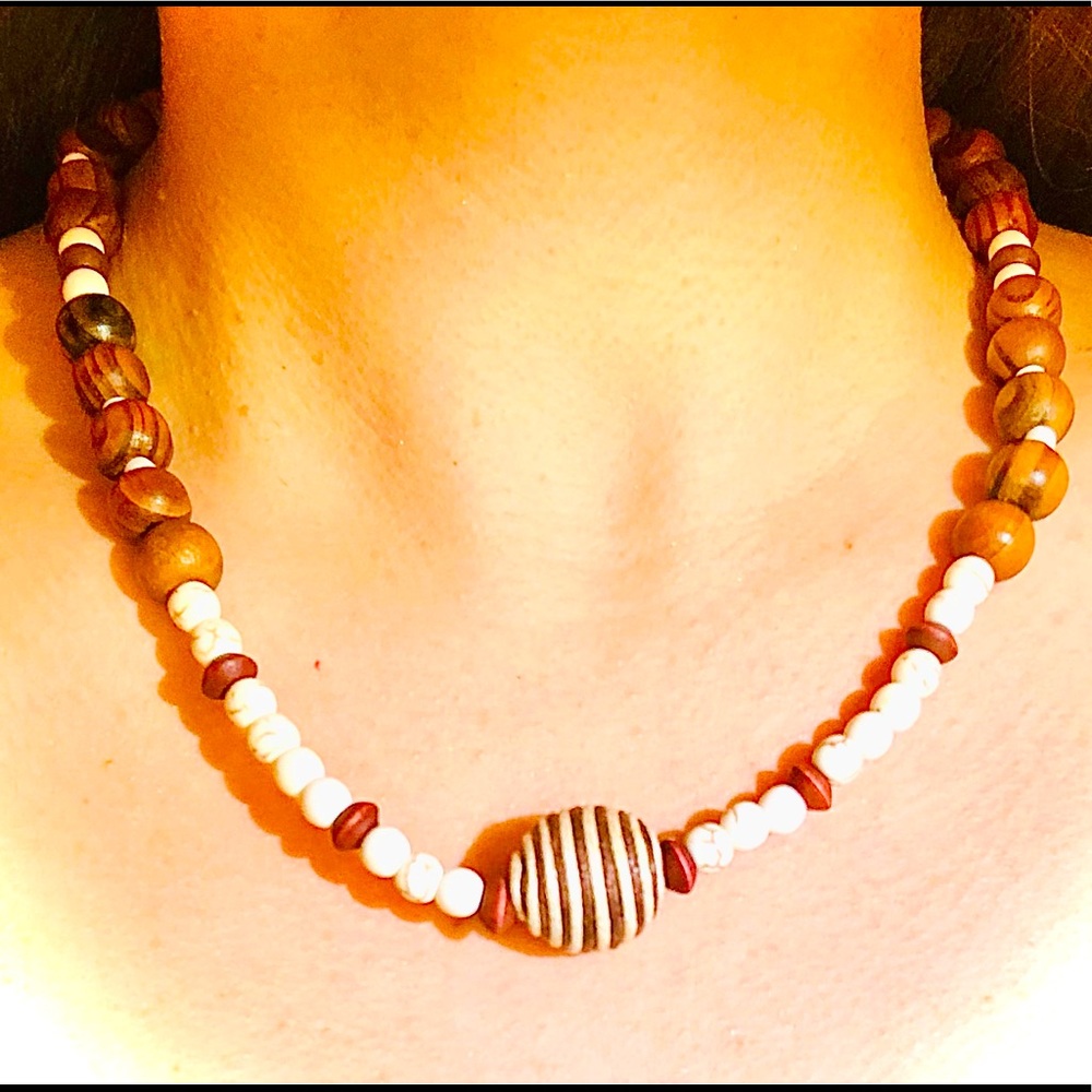 Handmade necklace beads wood unique boho long